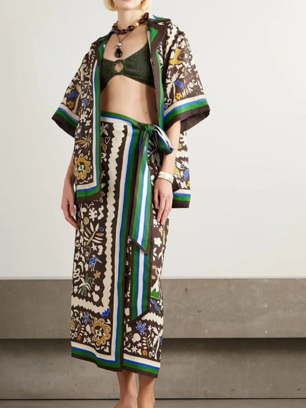 Zimmermann Printed Brown Wrap Skirt and Matching Shirt Set with Green Accents